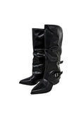Double Buckle Shirred Stiletto Long Boots