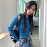 Cordill ribbed color matching shoulder slit cropped long sleeve knit