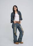 Sia damage washed denim short-sleeved shirt