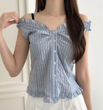 Stripe Pattern Shoulder Banding Off-shoulder Sleeveless Blouse