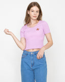 Pink Flower Dot Embroidery Crop Short Sleeve Knit