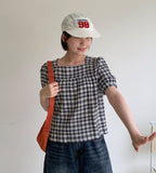 Igets Square Neck Check Short Sleeve Blouse
