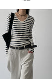 Ribbed Stripe V-Neck Tee