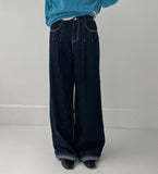 Stitch roll-up wide denim pants