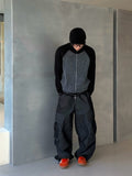 Moikin diagonal cargo raw denim jeans