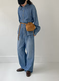 [unisex] Edge Pin Tuck Overfit Denim Shirt Jacket