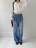 [unisex] Edge Two Tuck Cat Washing Wide Denim Pants