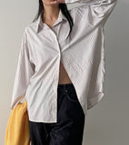 [Wrinkle Free] Two Way Wrap Stripe Loose Fit Shirt