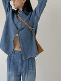 [unisex] Edge Pin Tuck Overfit Denim Shirt Jacket