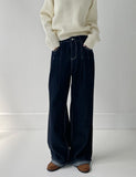 Stitch roll-up wide denim pants