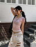 See-through layered button cap sleeve short sleeve