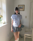 Polat Dot Pintuck Collar Short Sleeve T-Shirt