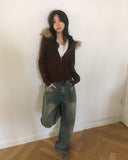 Penk Cable Fur Hood Slim Fit Two-Way Knit Zip-Up