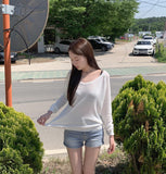 Feminine V-Neck Sleeve Slit See-Through Long Sleeve Knit