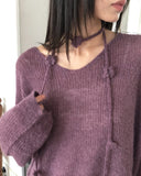 [Strap SET] Nose Flower Boat Neck Loose Fit Long Knit