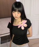 Mki Flower Slit Boat Neck Two-tone Short Sleeve T-shirt
