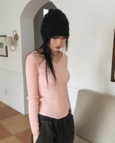 Atter strap deep V-neck slim ribbed crop long sleeve knit