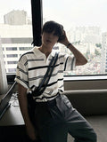 V-in stripe button collar short sleeve knit