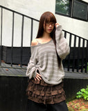 Curled Stripe Round Neck Loose Fit Long Sleeve Knit