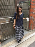 [BAONHAUS] Chemini Check Unbalance Long Skirt