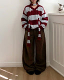 [Muffler SET] Phu Stripe Color Matching V-Neck Loose Fit Long Sleeve Long Knit