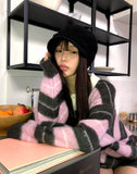 Here Color Matching Stripe Collar Neck Button Long Sleeve Knit