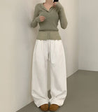 Autumn Peach Processed Pintuck Loose Wide Fit Banding Cotton Pants