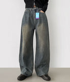 Side Tape Cut Line Brushed Balloon Wide Denim Pants