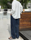 Pibeu Linen Semi Wide Banding Denim Pants