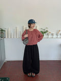Hindel Check Shirring Cropped Long Sleeve Blouse