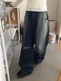 Tiso damage Mufa back banding washing denim long wide pants