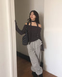 Rucol ribbed shirring off-shoulder knit muffler choker set