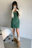 mint check puff mini dress