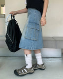 Samav Cargo Washing Denim Midi Skirt