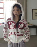 Shuong Rabbit Heart Fur Bells Hood Knit Zip-up