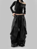 Leather cargo wide pants