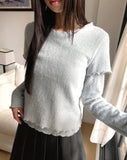 Depin layered two-way angora short-sleeve long-sleeve frilled t-shirt
