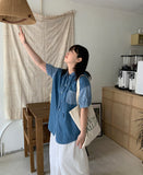 Rinta Stripe Color Matching Denim Hood Short Sleeve Shirt