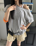 Therma Silver Studded Loose Fit Off Shoulder Short Sleeve T-Shirt