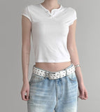 Lien Eyelet Henley Neck Open Crop Top
