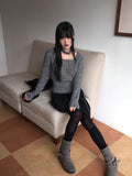 [Choker Set] Ruckle Wool Square Neck Ribbed Long Sleeve Knit