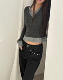 Lipin Color Matching V-Neck Slim Boucle Long Sleeve Knit