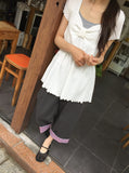 Nahills Shirring Short Sleeve Layered Ribbon Ribbed Tee