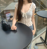 Feminine Sexy Ribbon Shirring Smoked Banding Sleeveless Blouse