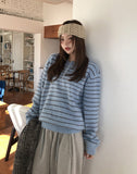 Clo Hairy Stripe Henley Neck Knit