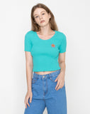 Pink Flower Dot Embroidery Crop Short Sleeve Knit
