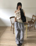 Kaea check color matching frill banding wide pants