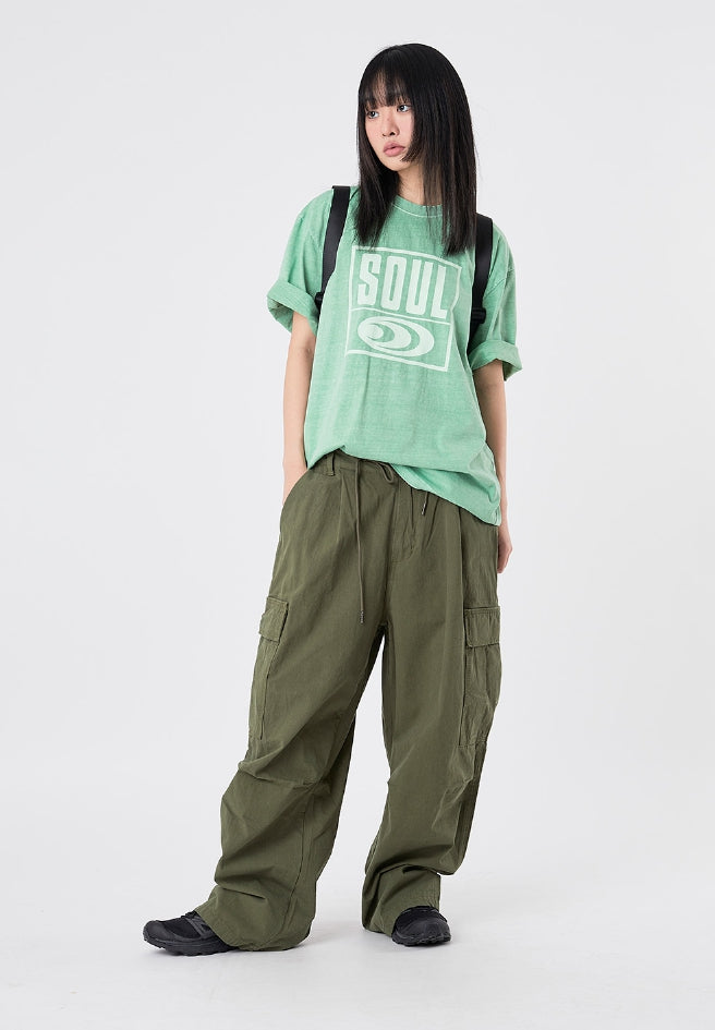 Raucohouse(ラウコハウス) - Waist string cotton wide cargo pants