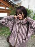 Mud Collar Stripe Color Matching Knit Cardigan