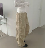 Cotton Two-Way Pocket Knee Shirring Wide Banding Pants